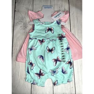 Carters 2 Piece Pink stripe dress & Green butterfly short sleeve one- piece 3M